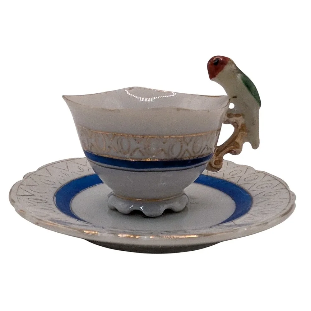 Vintage Demitasse Cup and Saucer Bird‎ on Handle Mid Century Modern Japan SEE
